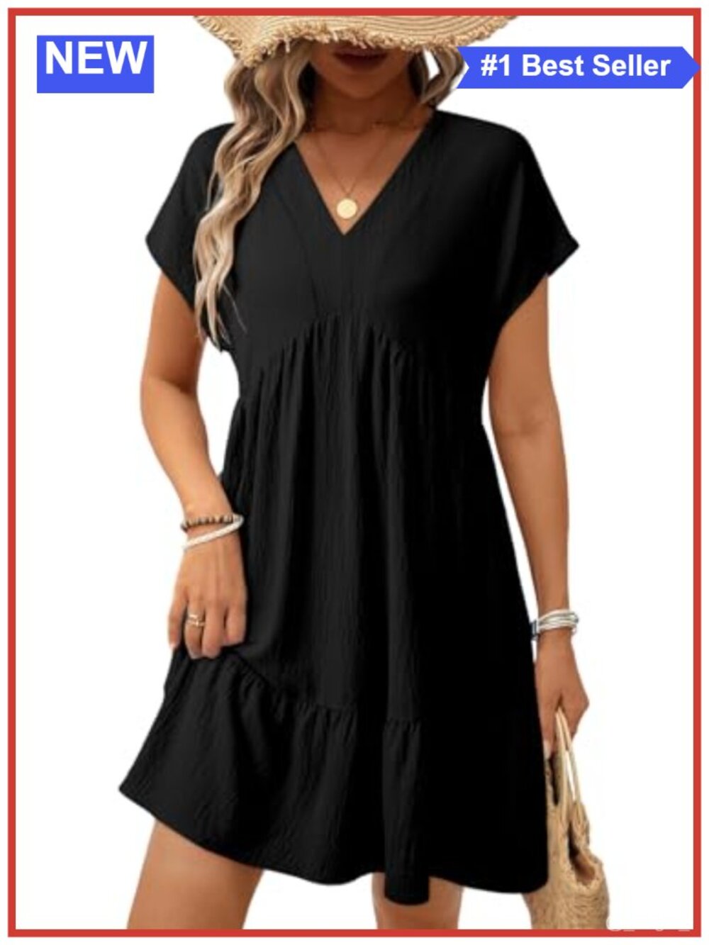 Women's V-Neck Short Sleeve Swing Babydoll Mini Dress Flowy Casual